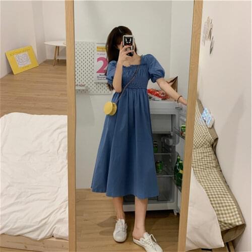 New Large Size Gentle Wind Square Neck Summer Dress Female French Style Retro Design Short Sleeve Women Blue Dress M-4XL aq875