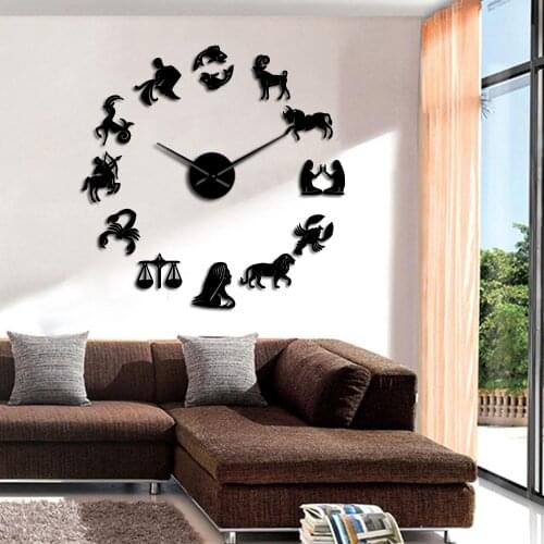 12 Zodiac Signs 3D Acrylic DIY Wall Clock Modern Astrology Wall Art Decor Quiet Sweep Clock Watch Creative Show Mirror Effect