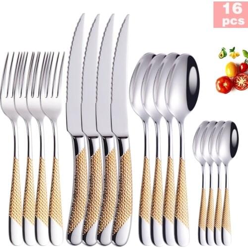 16Pcs Top Quality Cutlery Set Stainless Steel Gold Cutlery Fork Spoon Knife Tableware Set Silverware Dinnerware Set Dropshipping