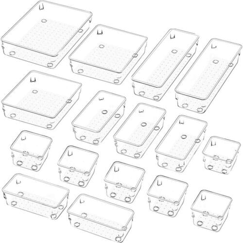 16PCS Clear Plastic Drawer Organizers Set 5-Size Versatile Bathroom and Vanity Drawer Organizer Trays for Makeup Office