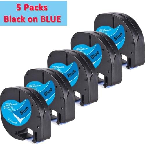 5 PACK Label World LT91205 Label ribbon Compatible for Dymo LT 12mm*4m Black on blue Plastic Label Tapes LT-100H