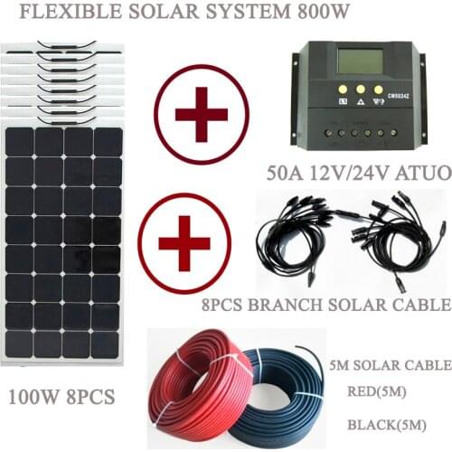 800W flexible solar panel system 100w solar panel 8pcs 50A 12V/24V Auto LCD solar controller Sub branch 8pcs connectors