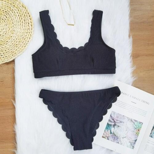 Push Up Bikinis 2021 Swimsuits Black Swimwear Women Scalloped Bathing Suit Women Solid Ribbed Biquini Bikini Set Bathers