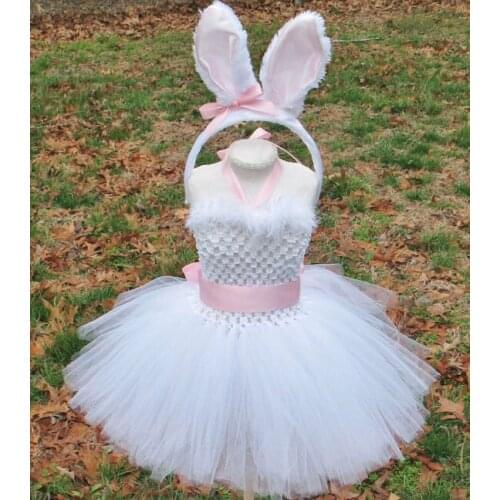 Baby Rabbit Feather Easter Dress Girls White Tulle Tutu Dress with Pink Ears Hairbow Kids Birthday Party Cartoon Costume Dresses