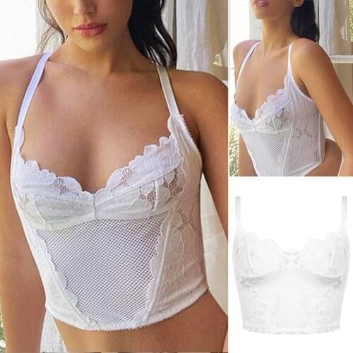 Womens Sexy Lace Crochet Spaghetti Strap Cami Crop Tops Camisole