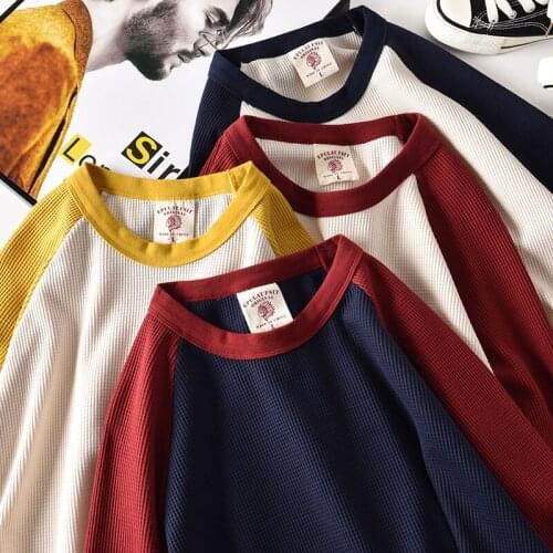 Autumn New Mens Fashion Simple Long Sleeve O-neck 100% Cotton Waffle Solid Color Stitching T-shirt Washed Old Loose Casual Tops