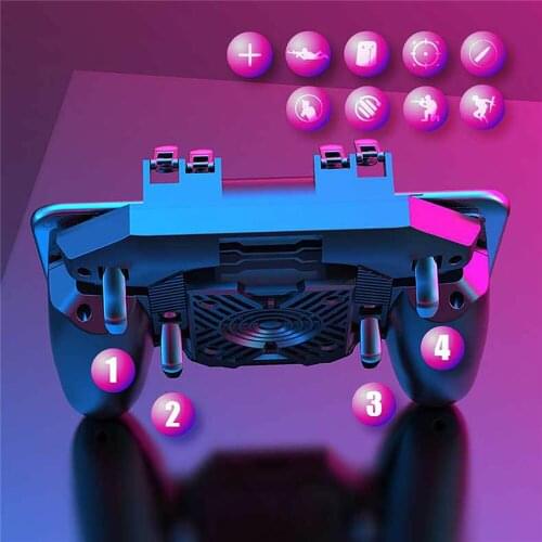Six Finger Game Controller for PUBG Mobile Games L1 R1 Game Trigger Gamepad with Rechargeable Cooling Fan for IOS Android Phones