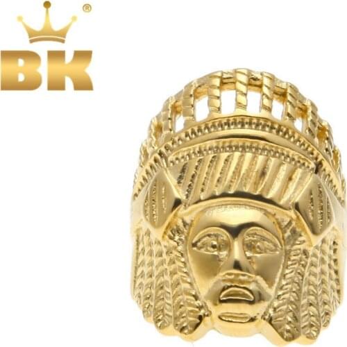 THE BLING KING Indian Chief Head Punk Rings Vintage Stainless Steel Size 7-14 Available Gold Color Hiphop Ring Jewelry For Men