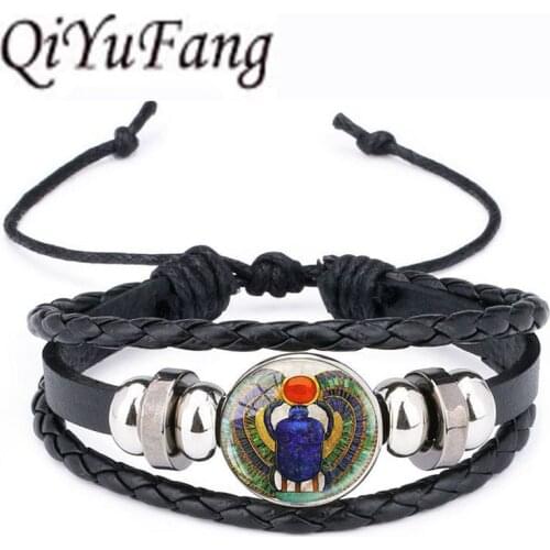 QiYuFan Norse Egyptian Scarab Pendant Ancient Egypt Leather Bracelet Jewelry Black Multilayers Charm Bracelet Women Men 1pcs/lot