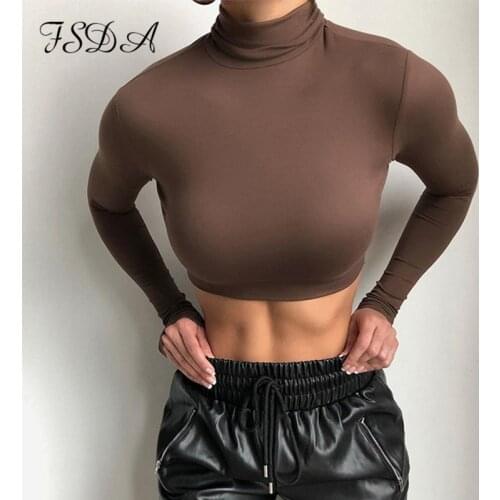 FSDA Turtleneck White Long Sleeve Crop Top Women Sexy Autumn Winter 2021 Black Casual Basic T Shirts Party Top Shirts Brown