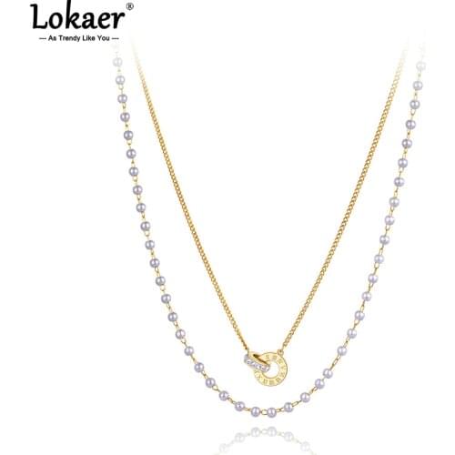 Lokaer Goth Double Layer White Pearl Choker Necklaces For Women Trendy Stainless Steel CZ Crystal Roman Numerals Necklace N21083