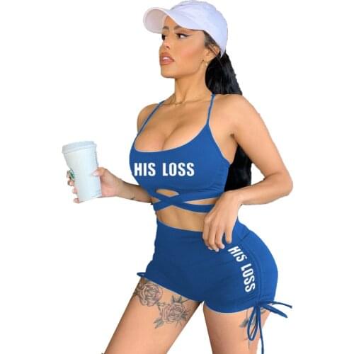 Best Match Letter Printed Two Piece Tracksuit Sets Womens Outfits Spaghetti Strap Crop Top Biker Shorts Gym Clothing Workout