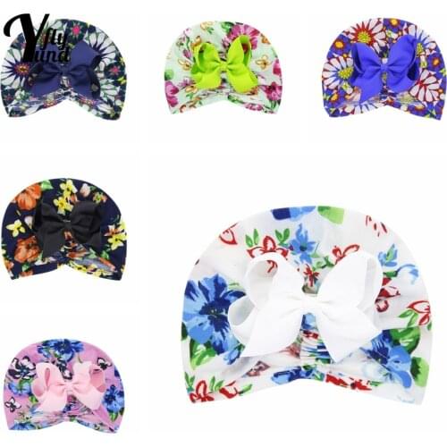 Yundfly Cute Grosgrain Ribbon Bowknot Infant Hats Fashion Cartoon Print Newborn Caps Bows Headwear Hair Accessories Photo Props
