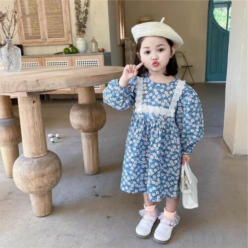 Fashion Girls Long Sleeve Dress Autumn Clothes Baby Girl Sweet Dress Lace Trimming Chidlren Dress Clothes 2021