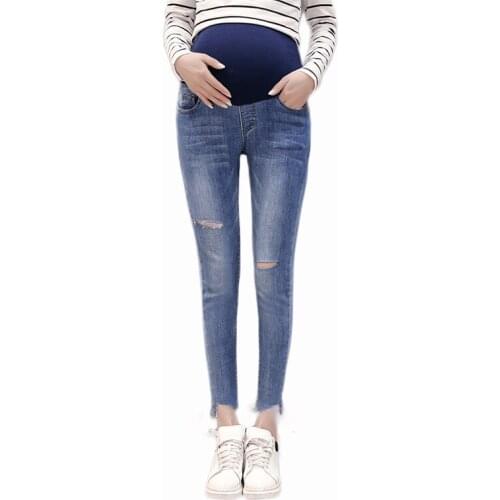 Fashion Ripped Hole Stretch Maternity Jeans 9/10 Length Denim Pencil Pants for Pregnant Women Autumn Cotton Belly Jean Pregnancy