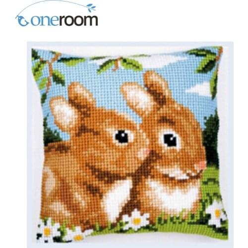 N3TH CX0131 Two Rabbits DIY Acrylic Yarn Embroidery Pillow Tapestry Canvas Cushion Front Cross Stitch Pillowcase