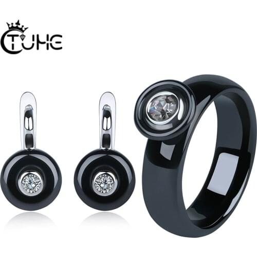 One Big Carat Crystal Filled Paved Clear Cubic Zirconia CZ Jewelry Set Made With Healthy Ceramic Earrings Rings Set Wedding Gift