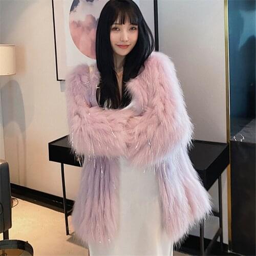 New Autumn And Winter Fur Coat Womens High-Quality Fox Fur Woven Pearl Tassel Sequin Coat Plus Size Thick Warm Jacket Women