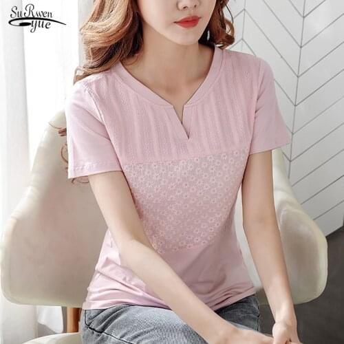 New 2021 Short Sleeve Fashion Tops Women Blouse Summer Shirt V-neck Solid Cotton Office Lace Blouses Feminine Plus Size 8587 50