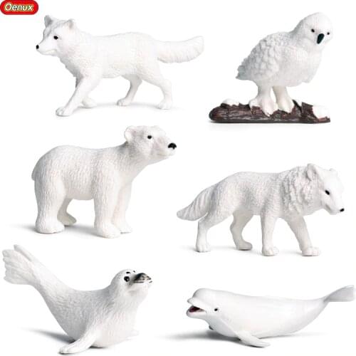 Oenux 6PCS Mini Arctic Animals Penguins Polar Bear Snowy Owl Dolphin Wolf Action Figures Model Figurine Miniature Lovely Kid Toy