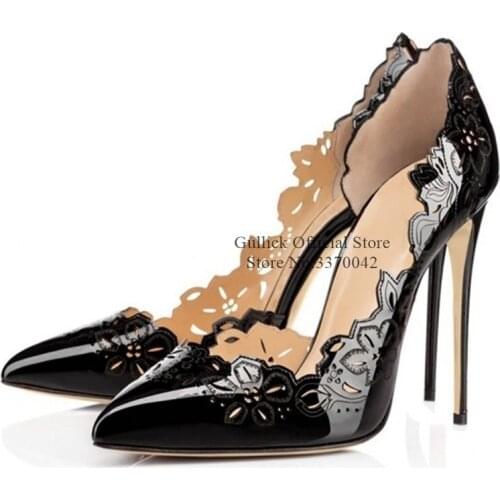 Sexy Flower Carved Pointed Toe High Heel Pumps Black White Patent Leather Stiletto Heels Dress Shoes Cut-out Wedding Party Shoes