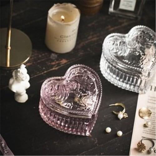 Medieval Glass Embossed Retro Jewelry Love Heart Shaped Storage Box Candy Jar Wind Storage Jar