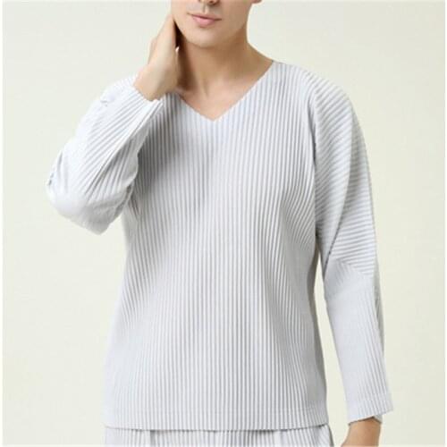 Issey Miyake pleated mens shirt mens loose trend all-match spring and autumn new V-neck pullover long-sleeved shirt men