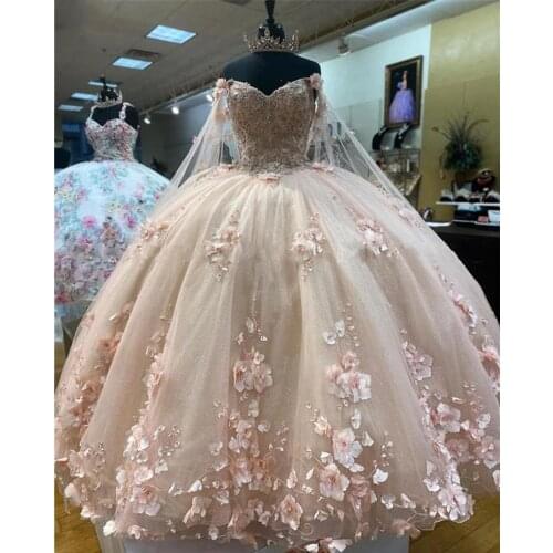 Fabulous Pink Quinceanera Dresses Cinderella With Wraps Floral 3D Flowers Applique Pearls Lace-up Ball Gown Sweet 16 15 Girl