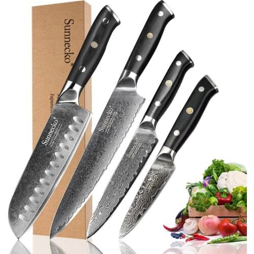 SUNNECKO Damascus Santoku Chef Paring Utility Knife Japanese VG10 Steel Blade Sharp Cutter G10 Handle 4PCS Kitchen Knives Set