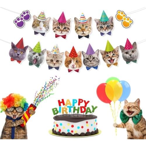 Pet Cats Theme Party Decoration Happy Birthday Party Favors Lovely Carts Wall Hanging Bunting Banner Baby Shower Party Supplies