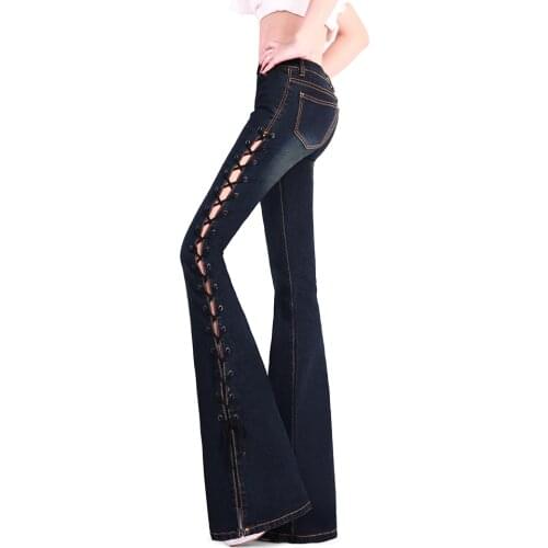 Womens String Style Super Flare Leg Jeans Spring Summer Woman Slim Bell Bottom Jeans Pants Ladies Blue Wide Jean Big Size