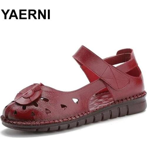 YAERNI Plus size42Women Sandals 2021 Summer Handmade Ladies Shoe Leather Sandals For Women Flats Retro Style Soft Bottom Mother