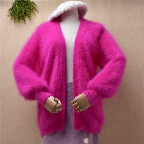 Ladies women pull rose Autumn Winter mink cashmere knitted long lantern sleeves loose cardigan mantle angora jacket coat sweater