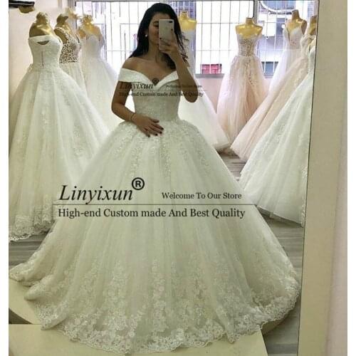 New Arrived Sweetheart Tulle Ball Gown Wedding Dresses Robe De Mariee Sexy Off-Shoulder Applique Court Train Formal Bride Gown