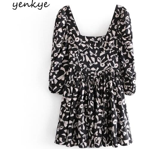 YENKYE New 2021 Women Bow Pattern Print Dress Elegant Lady Sexy Square Neck Puff Sleeve Pleated Mini Dress Robe Femme