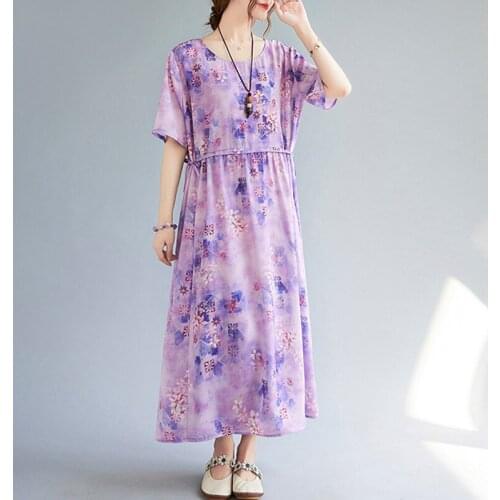 2021 New Arrival Print Floral Loose Chiffon Summer Dress Office Lady OL Work Dress Women Travel Casual Beach Style Midi Dress