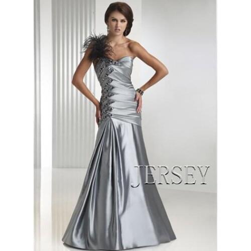 Free shipping new Fashion 2016 silver beaded party design vestidos formales gown long one shoulder evening dress with feathers