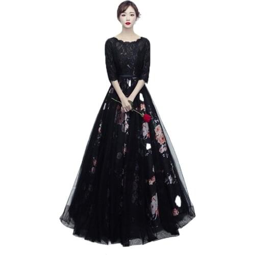 2019 Spring Summer Evening Dresses Half Sleeves Lace Black Formal Gown Long Evening Party Dress vestido de festa