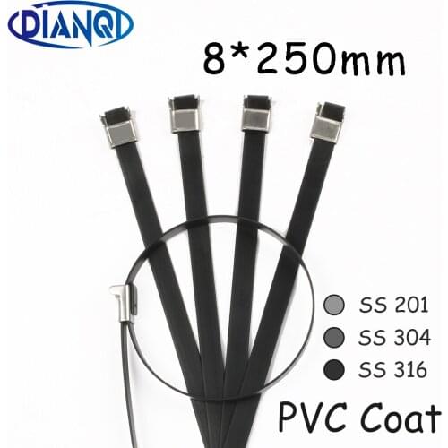 8*250 8mm 8x250mm Stainless Steel Zip PVC coating Strong Stainless Steel Grade Metal Cable Ties Zip Tie Wraps