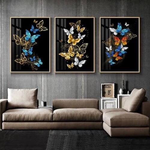 No Framed Abstract Black Background Golden Butterfly Canvas Painting Luxury Wall Decorative Posters Home Decor Art Pictures
