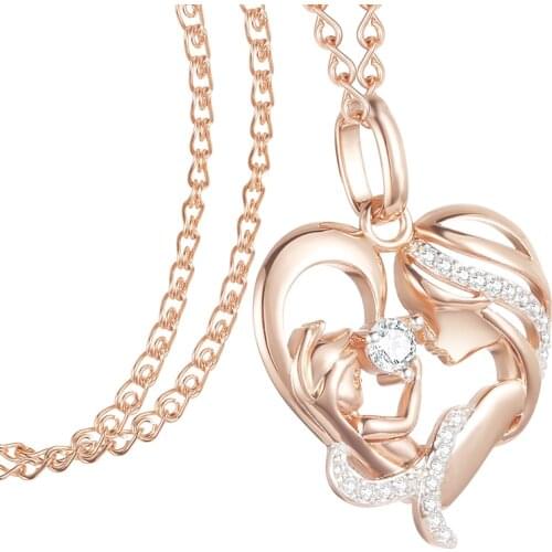 FJ Women Femme 585 Rose Gold Color Mother Baby Shaped Cubic Zircon Pendant Heart Pendant Gift + Optioanl Necklace Chains Jewelry