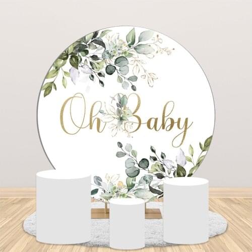 Oh Baby Backdrop Round Circle Photo Background Green Leaf Glitter for Baby Shower Party Background Newborn Baby Shower Portrait