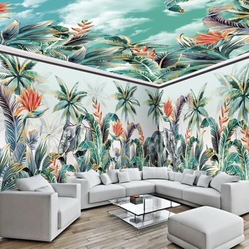 Custom Mural Tropical Plant Forest Animal Elephant Coconut Tree Whole House Background Wall Painting Living Room Decor Wallpaper