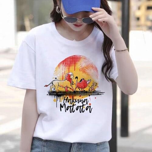 Cartoon T Shirts Summer Women Short Sleeve Casual White Hakuna Matata Print Graphic Tees Girls Ladies Harajuku Streetwear Tops