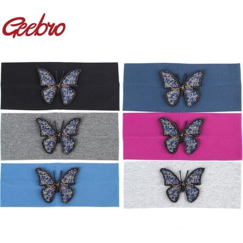 Geebro Spring Womens Headband Fashion Royal Butterfly Rhinestones Headbands for Femme Cotton Plain Head Band Hair Accessories