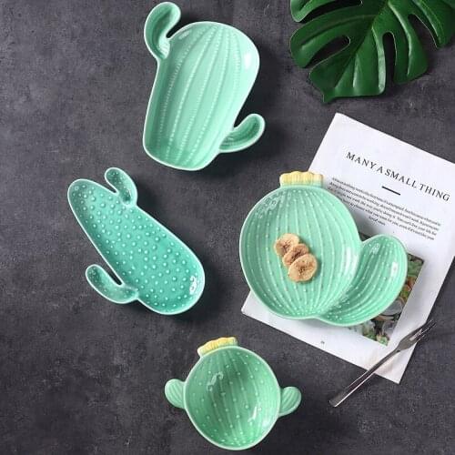Ceramic Plate Bowl Tableware Nordic Green Irregular Cactus Sauce Salad Snack Bone China Household Dinnerware Kitchen Supplies