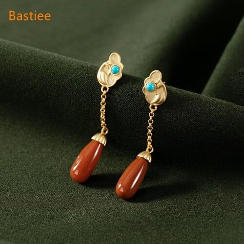 Bastiee Korean Earrings Earrings Silver 925 Jewelry For Women Red Agate Pearl Golden Plated Long Earrings Vintage