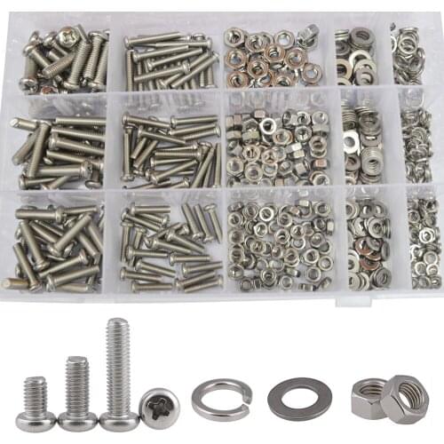 M4 M5 M6 Phillips Pan Round Head Machine Screw Metric Thread Cross Bolt Nut Flat Lock Washer Assortment Kit Set Stainless Steel