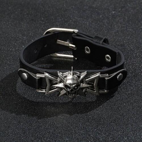 JUNWEI Fashion Skeleton Skull Bracelet Leather Snap Button Wrap Bracelets Bangles For Man Women Men Vintage Punk Jewelry