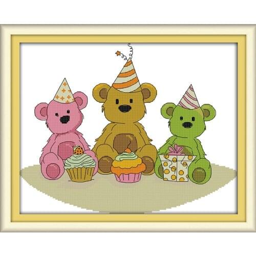 Little bears birthday cross stitch kit DMC color 14ct 11ct count print canvas stitches embroidery DIY handmade needlework